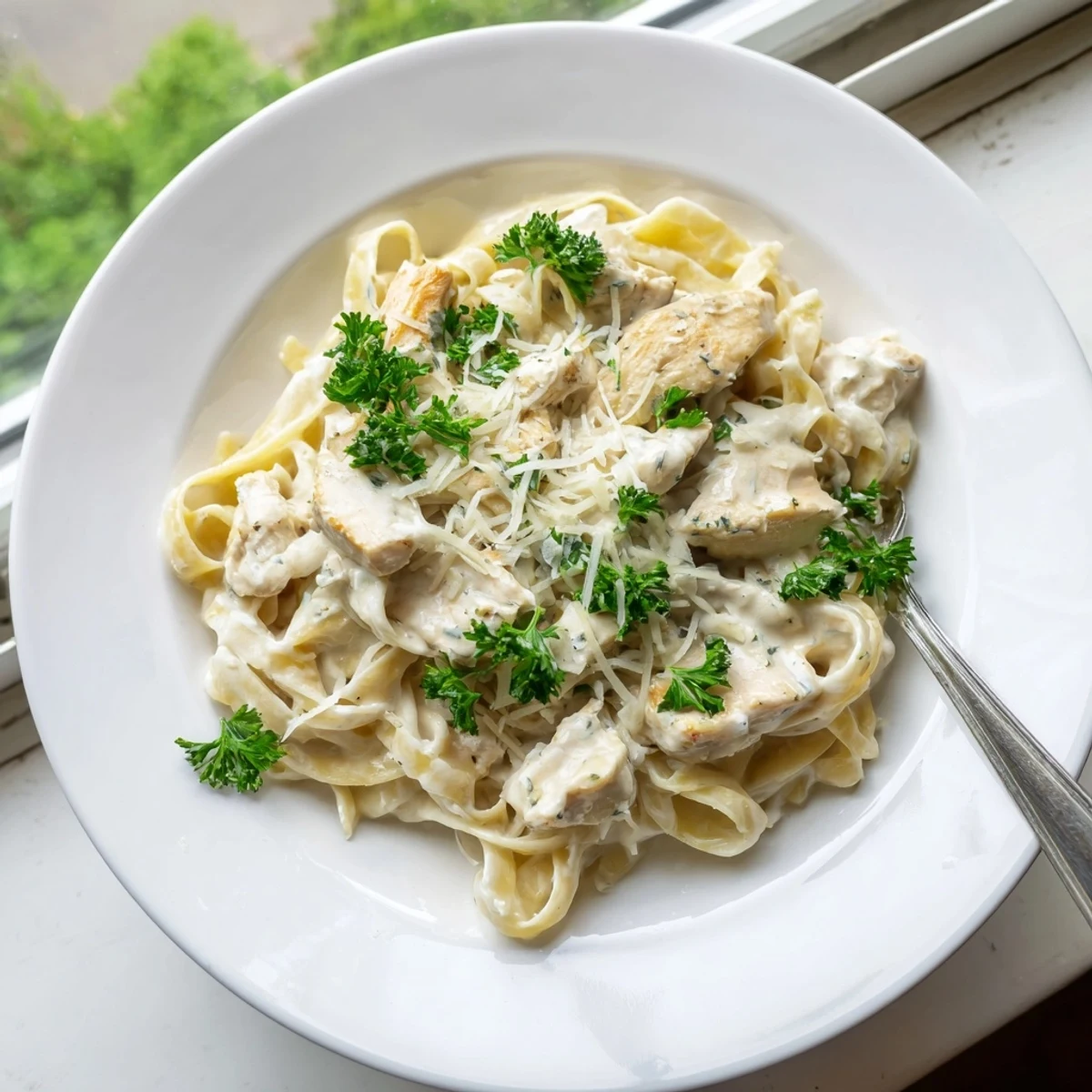 Twirled pasta and tender chicken swimming in a white cheese sauce with green herb garnish
