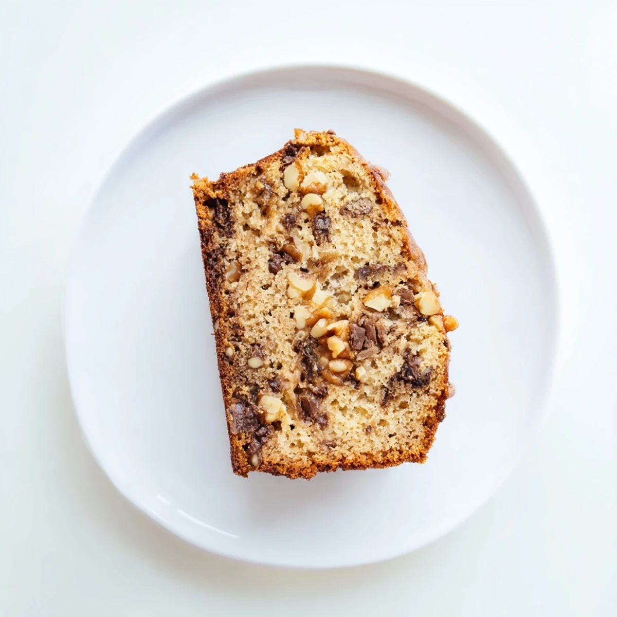 Moist gluten-free banana bread slices topped with walnuts served on a white plate