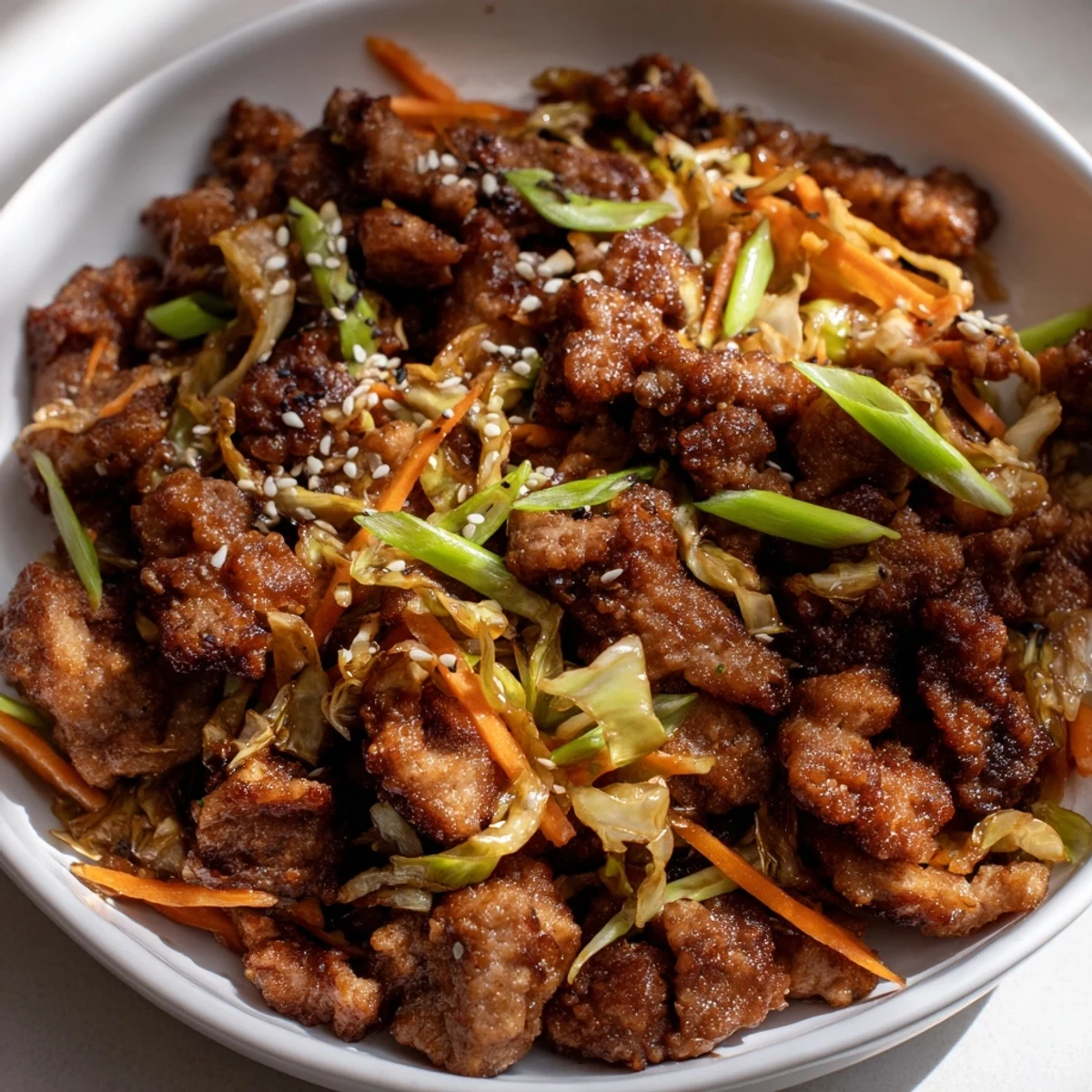 Egg roll in a bowl featuring browned ground pork with colorful shredded cabbage and carrots in a large white skillet