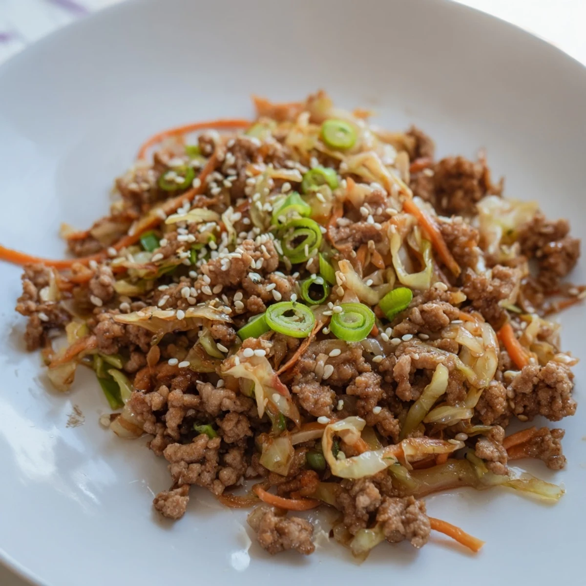 Glowing egg roll in a bowl topped with fresh green onions and sesame seeds, ready for a quick low-carb dinner