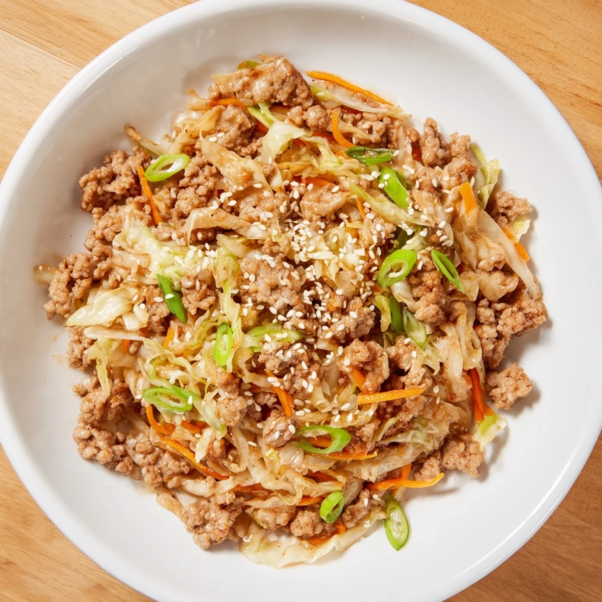 Savory egg roll in a bowl with crisp-tender vegetables and seasoned ground pork served steaming hot in a ceramic bowl