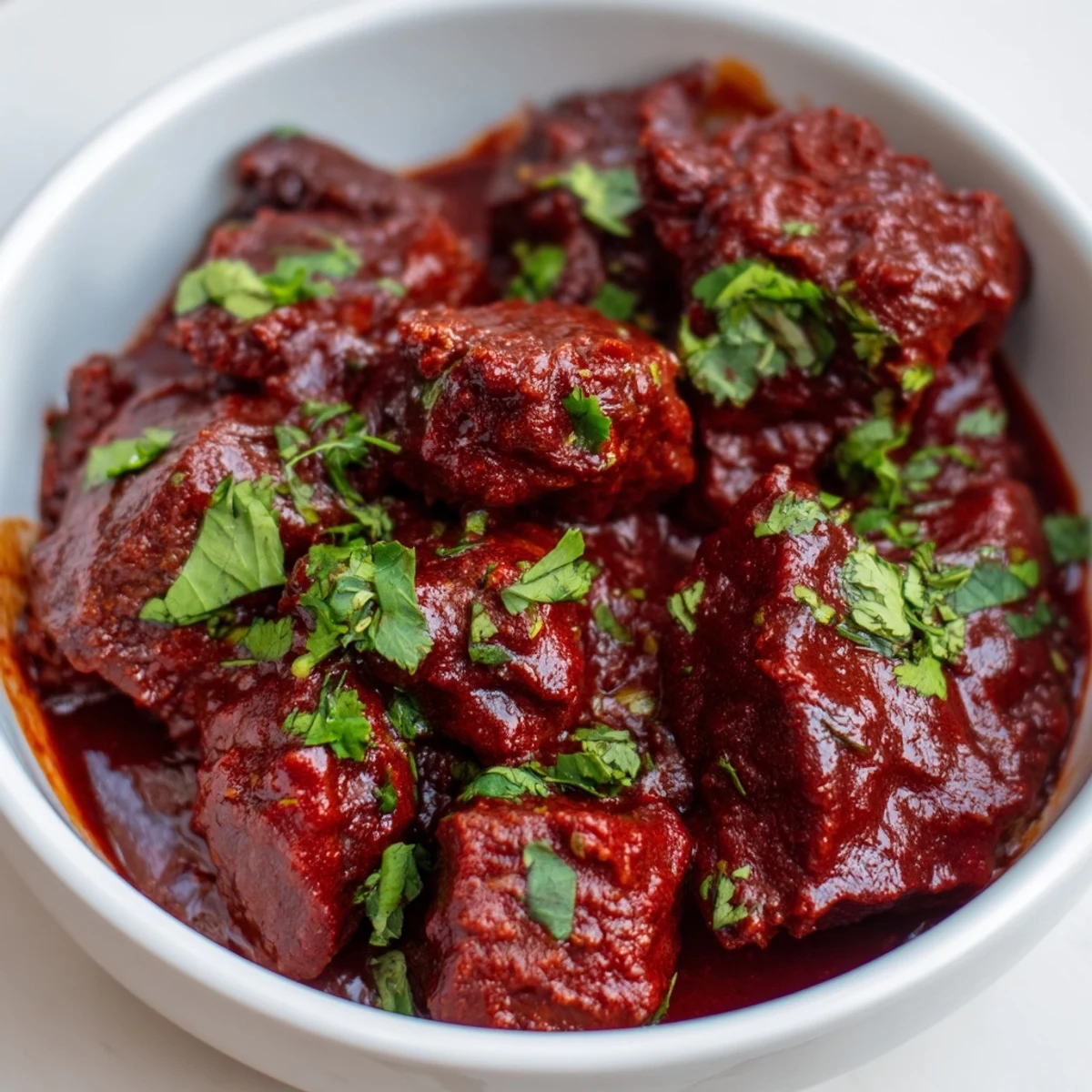 Slow Cooker Chili Colorado featuring tender beef cubes swimming in rich red chili sauce with fresh cilantro garnish