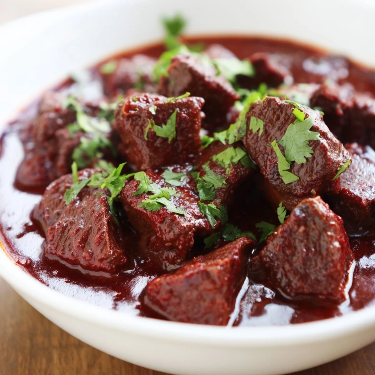 Golden slow cooker bowl filled with Slow Cooker Chili Colorado, showcasing beef chunks in thick, vibrant red sauce