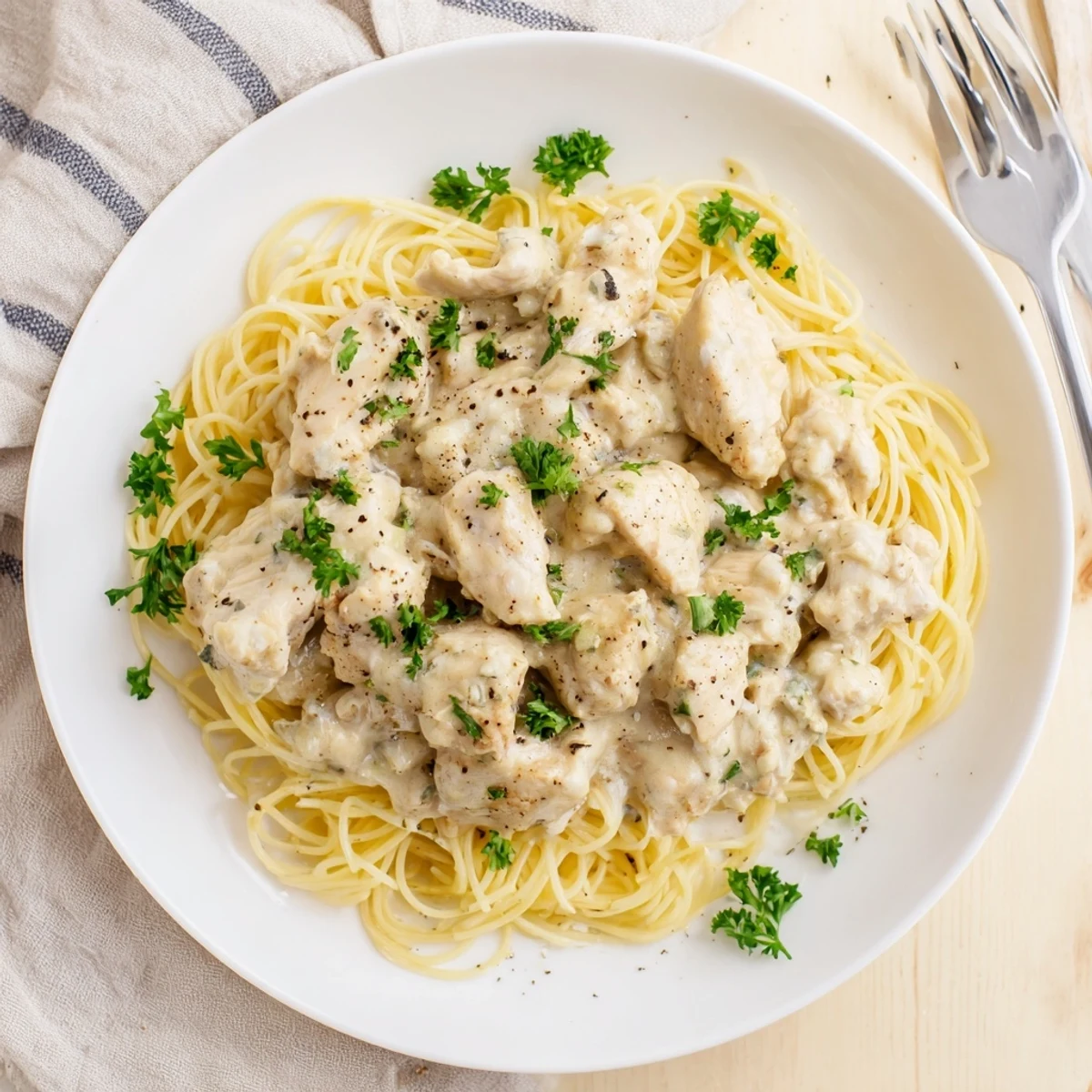 Creamy Crock Pot Angel Chicken served over tender angel hair pasta with golden butter sauce