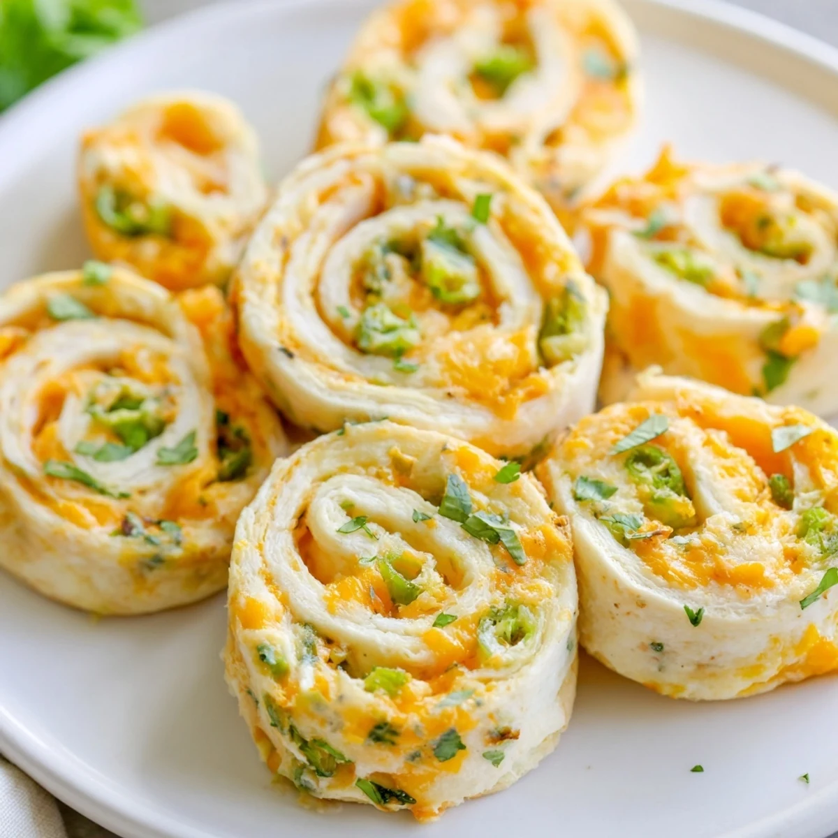 Freshly baked easy jalapeno popper pinwheels displaying creamy cheese filling and vibrant green jalapeño pieces