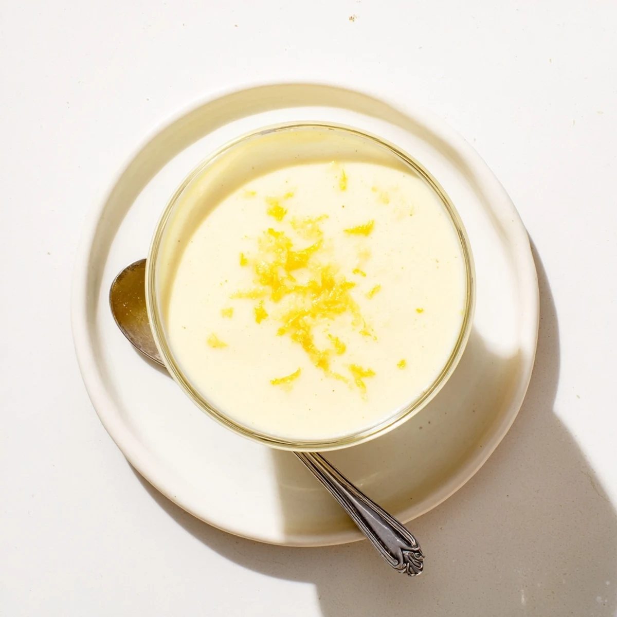 Silky smooth British lemon posset topped with berries and shortbread cookie on white plate