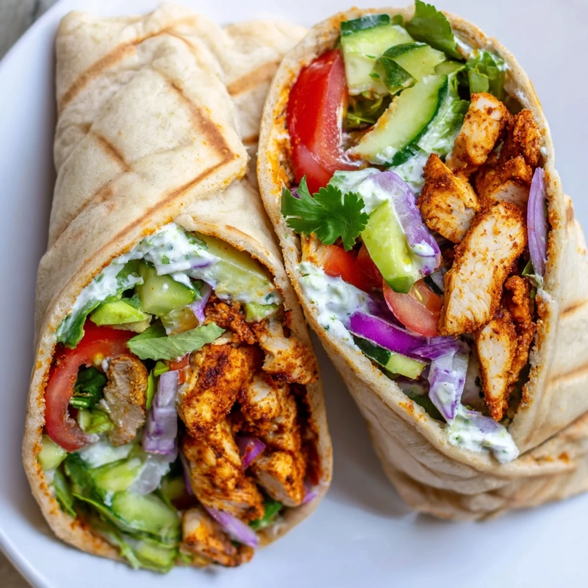 Golden high protein cottage cheese flatbread chicken wraps stacked with fresh colorful vegetables