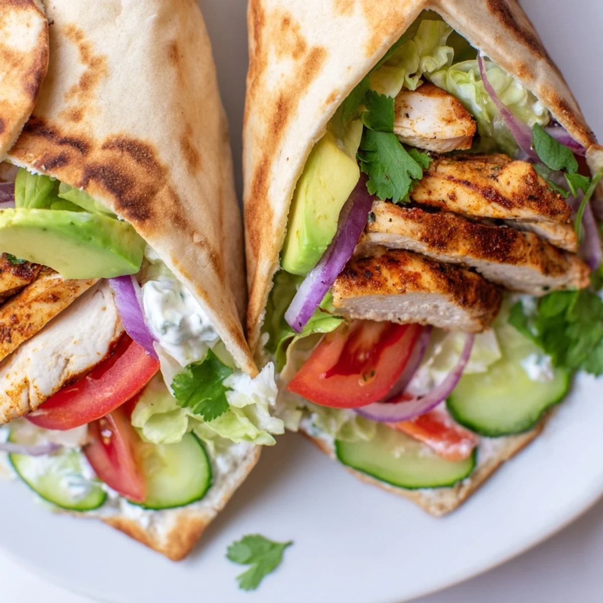 Crispy cottage cheese flatbread wraps filled with juicy spiced chicken and crisp salad toppings