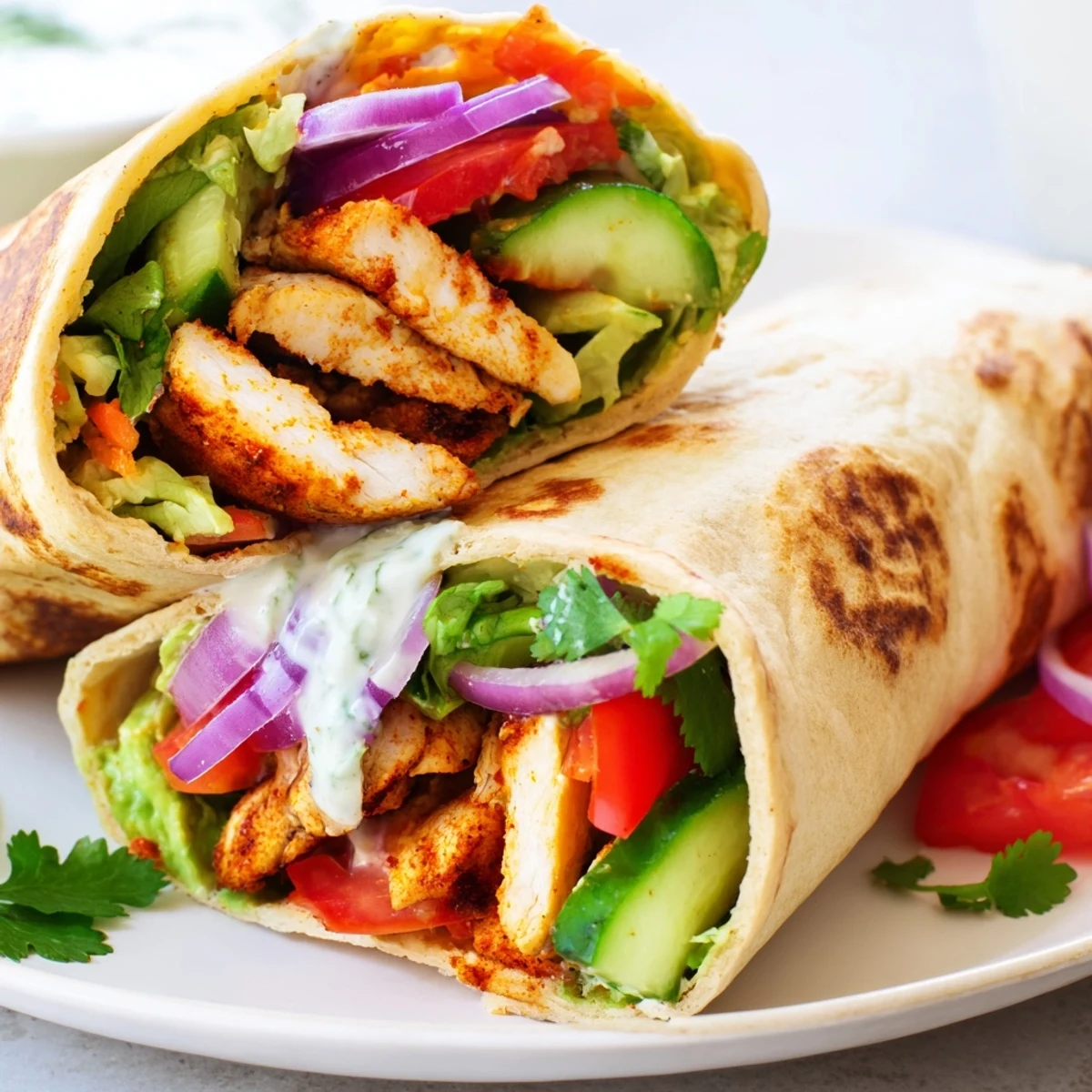 Protein-packed chicken wraps featuring golden homemade cottage cheese flatbreads with vibrant avocado and lettuce