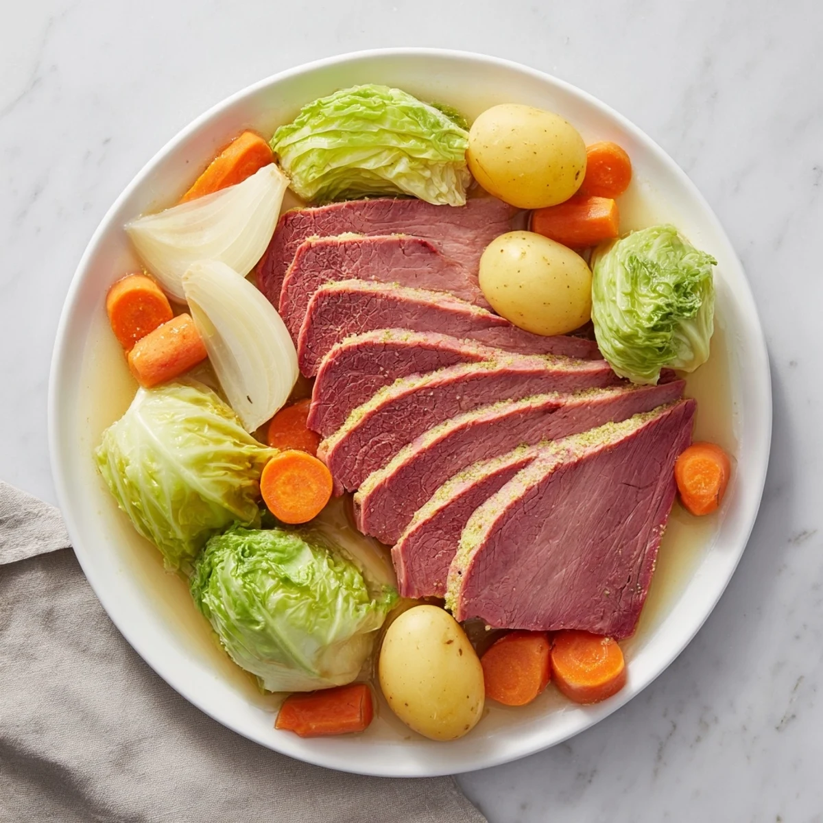 Tender slow cooker corned beef with cabbage, carrots, and potatoes arranged on a serving platter