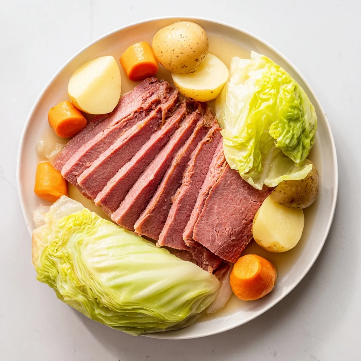 Fork-sliced corned beef brisket nestled beside buttery cabbage wedges and Yukon Gold potatoes in rich broth