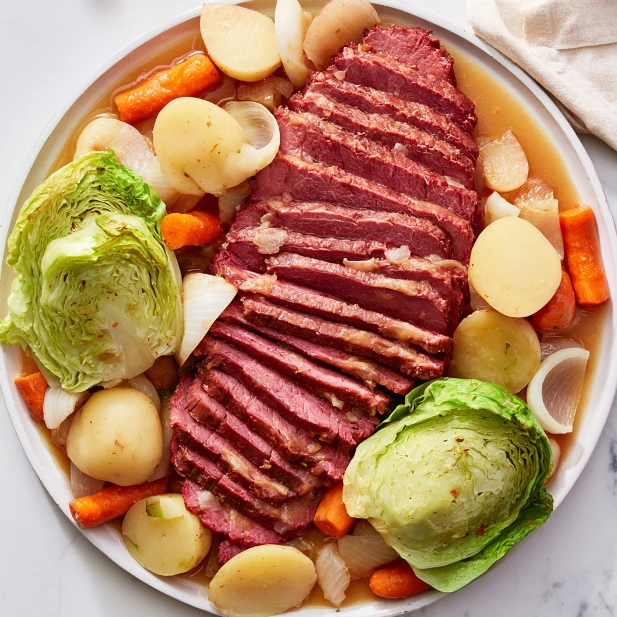 Steaming bowl of cozy corned beef cabbage with vegetables, garnished with fresh parsley for St. Patrick's Day dinner
