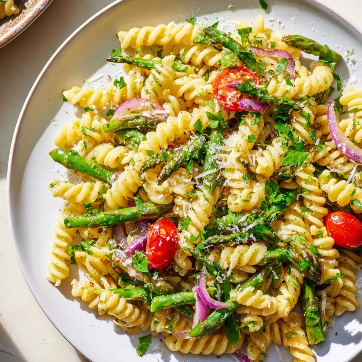 Vibrant lemon asparagus pasta salad with cherry tomatoes in a white serving bowl