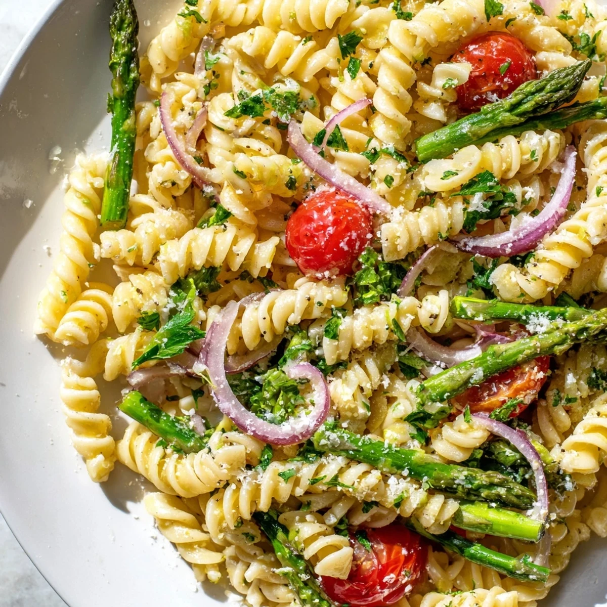 Fresh lemon asparagus pasta salad tossed with parsley and parmesan cheese garnish