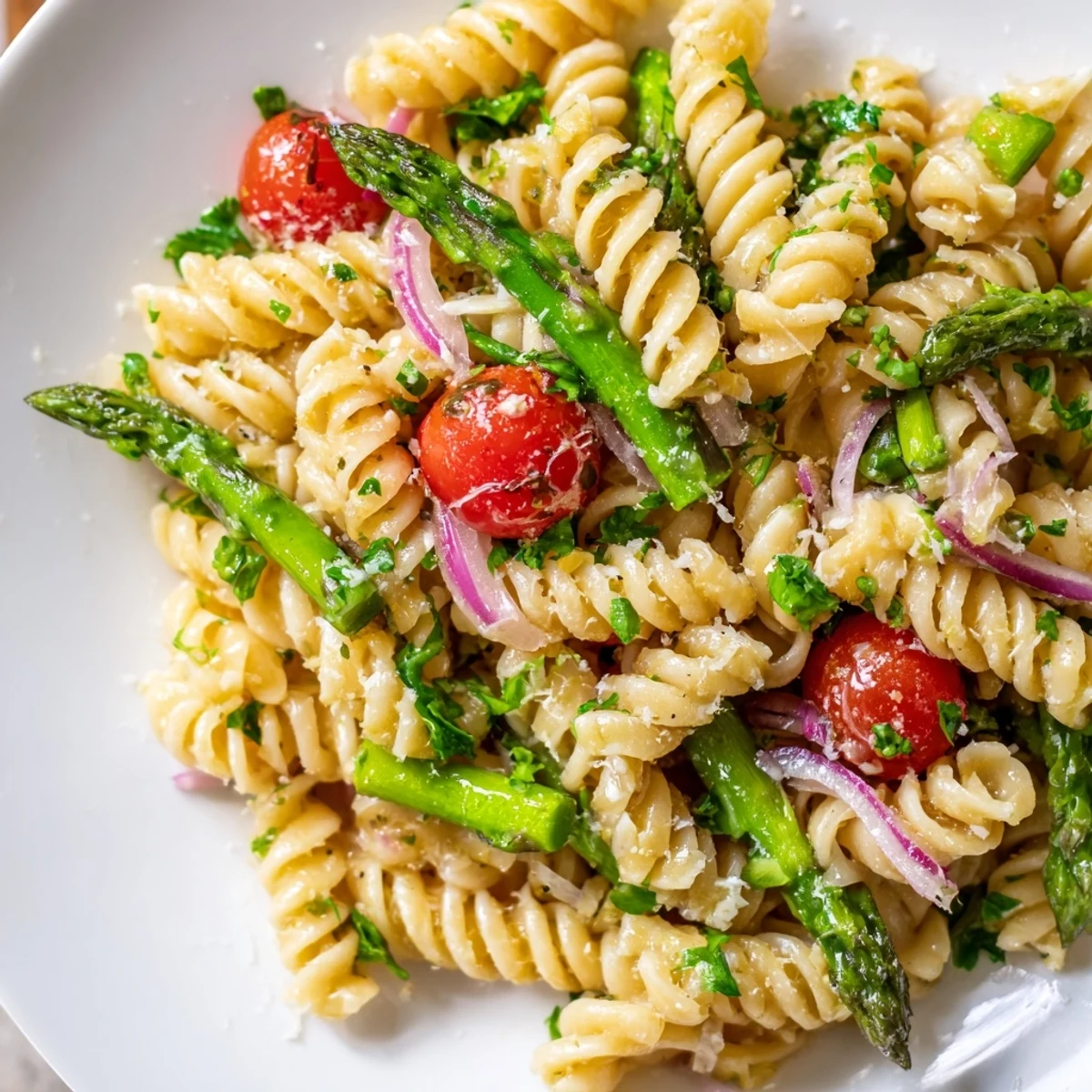 Colorful lemon asparagus pasta salad featuring tender asparagus and red onion pieces
