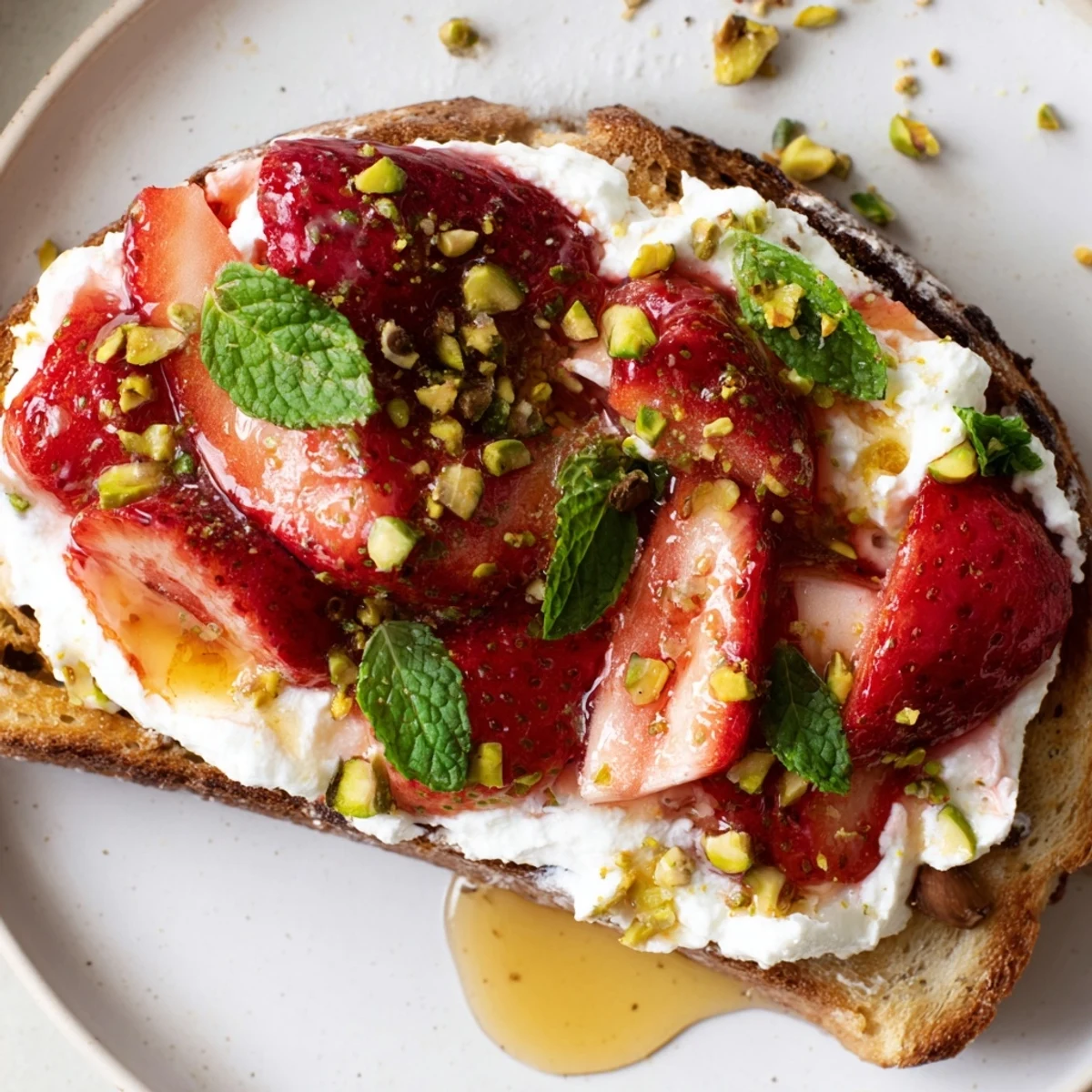 Golden toasted sourdough piled high with whipped ricotta and roasted strawberry whipped ricotta toast garnished with fresh mint leaves