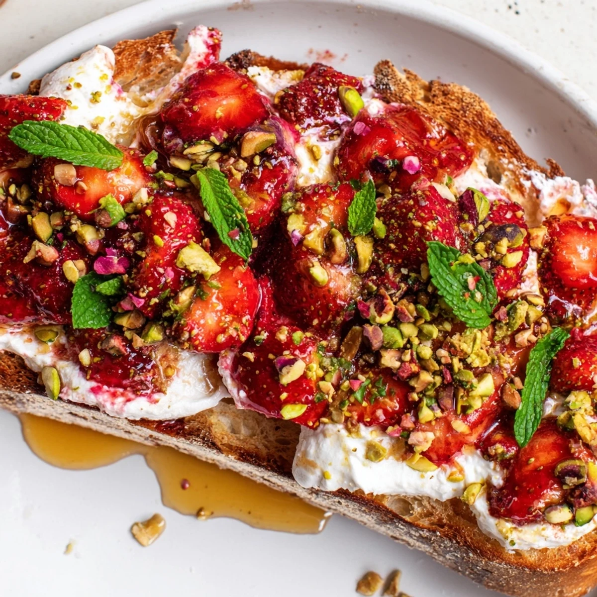 Roasted strawberry whipped ricotta toast featuring juicy syrupy berries atop creamy lemon-zested ricotta spread on crunchy artisan bread
