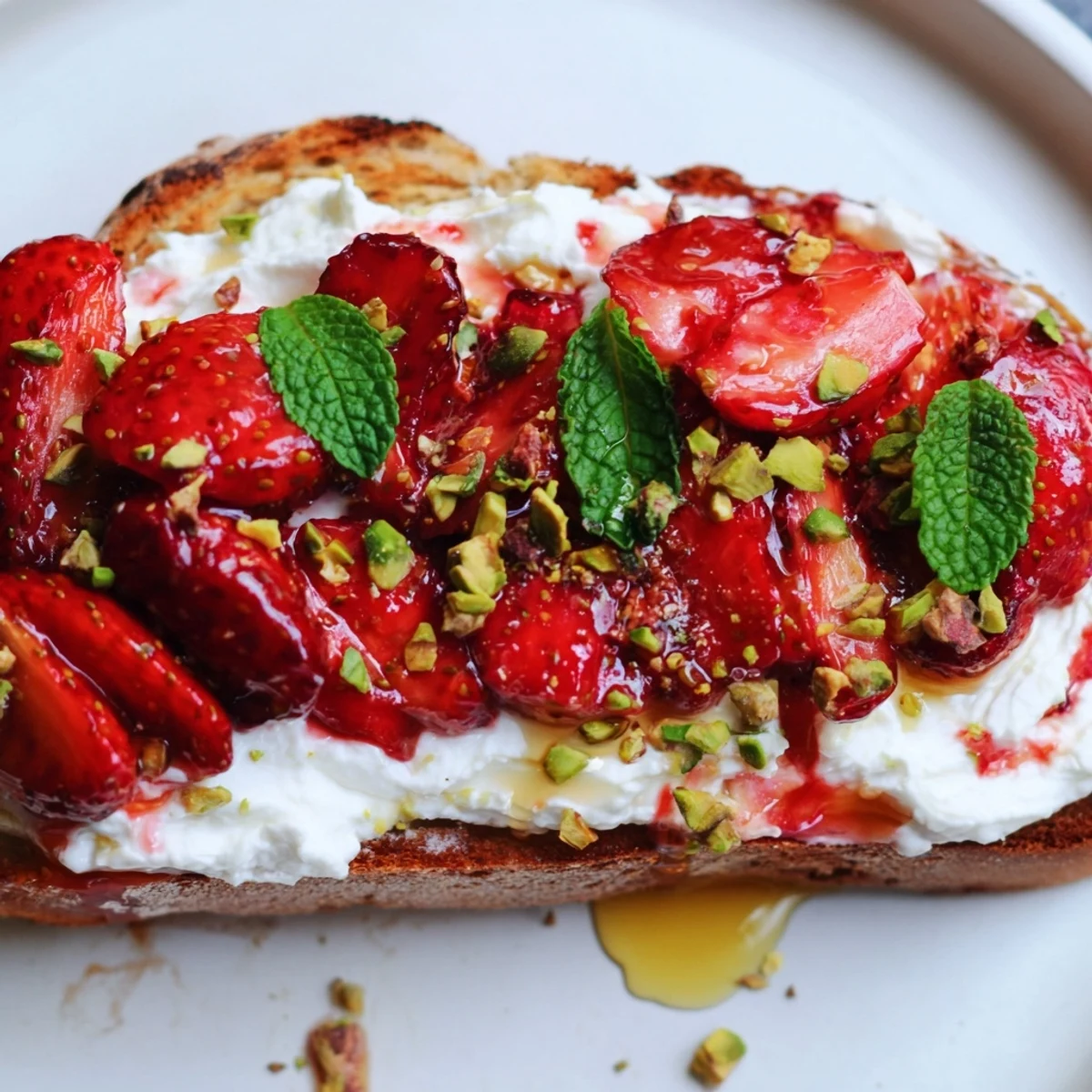 Brunch plate of roasted strawberry whipped ricotta toast drizzled with honey and topped with crushed pistachios