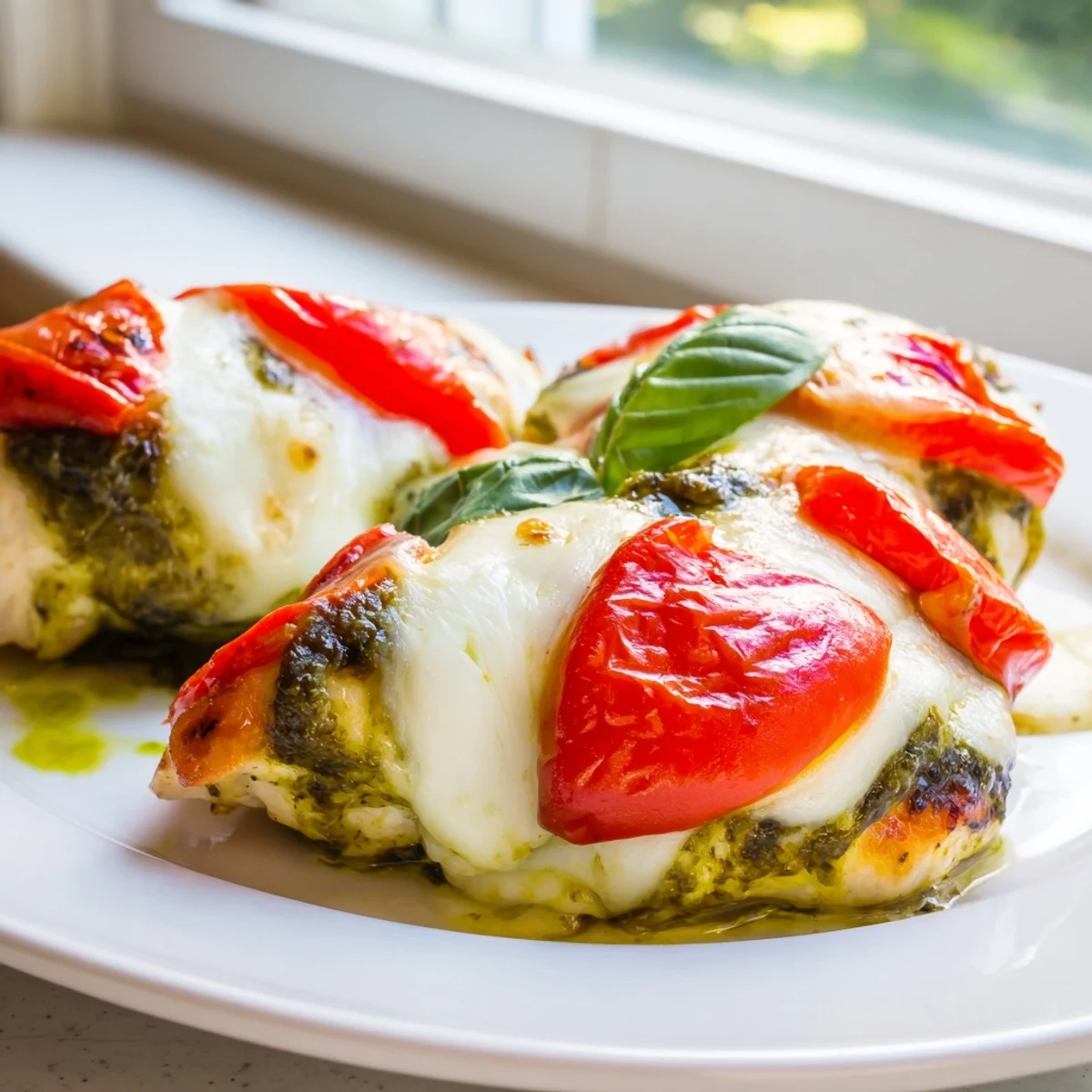 Golden melted mozzarella and ripe tomatoes top juicy baked pesto caprese chicken breasts fresh from the oven