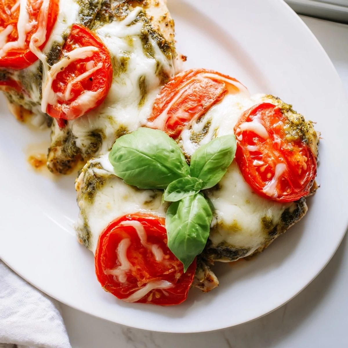 Italian-style baked pesto caprese chicken dish garnished with fresh basil and perfectly melted mozzarella over juicy chicken breasts
