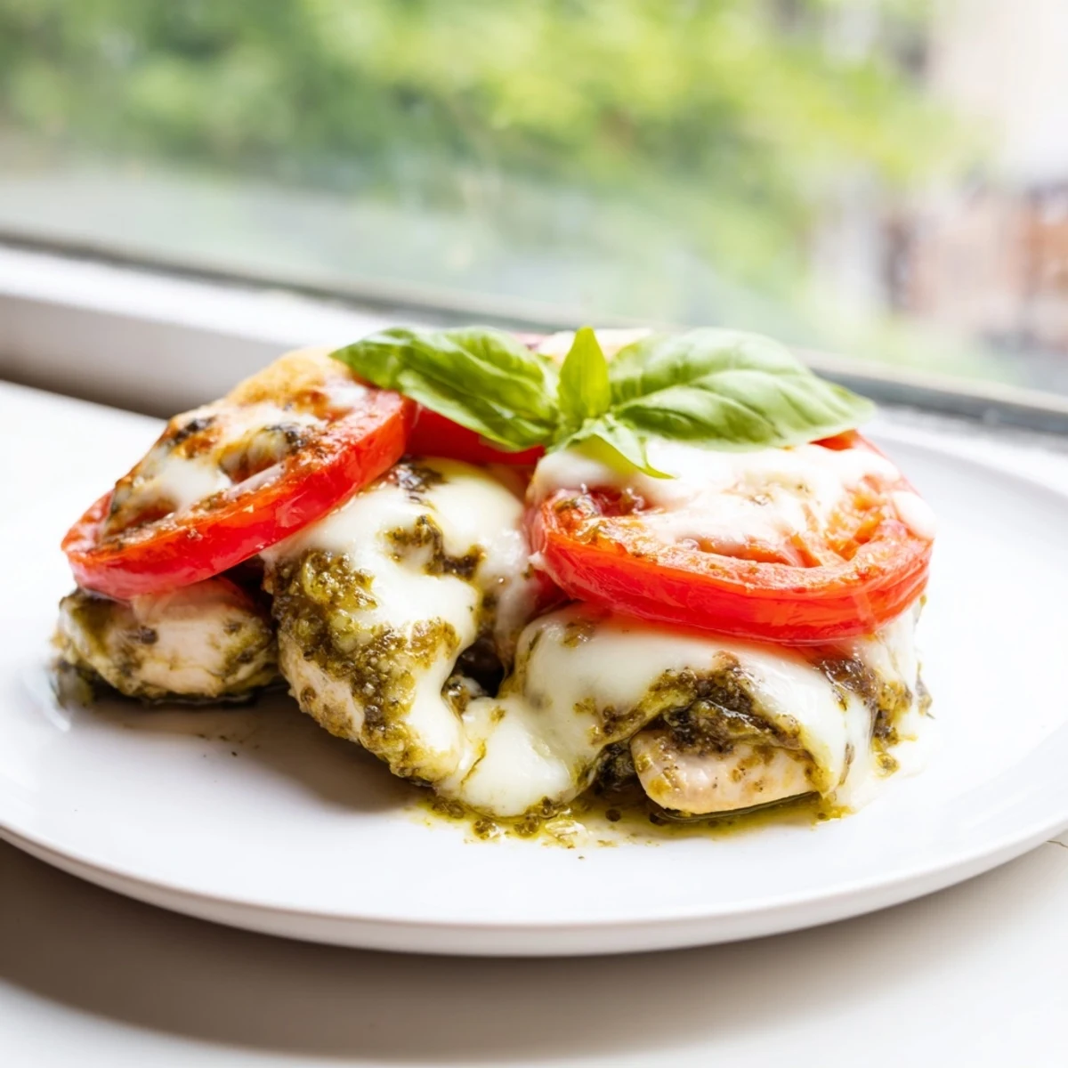 Baked pesto caprese chicken featuring bubbling cheese layers and vibrant red tomato slices on tender seasoned meat