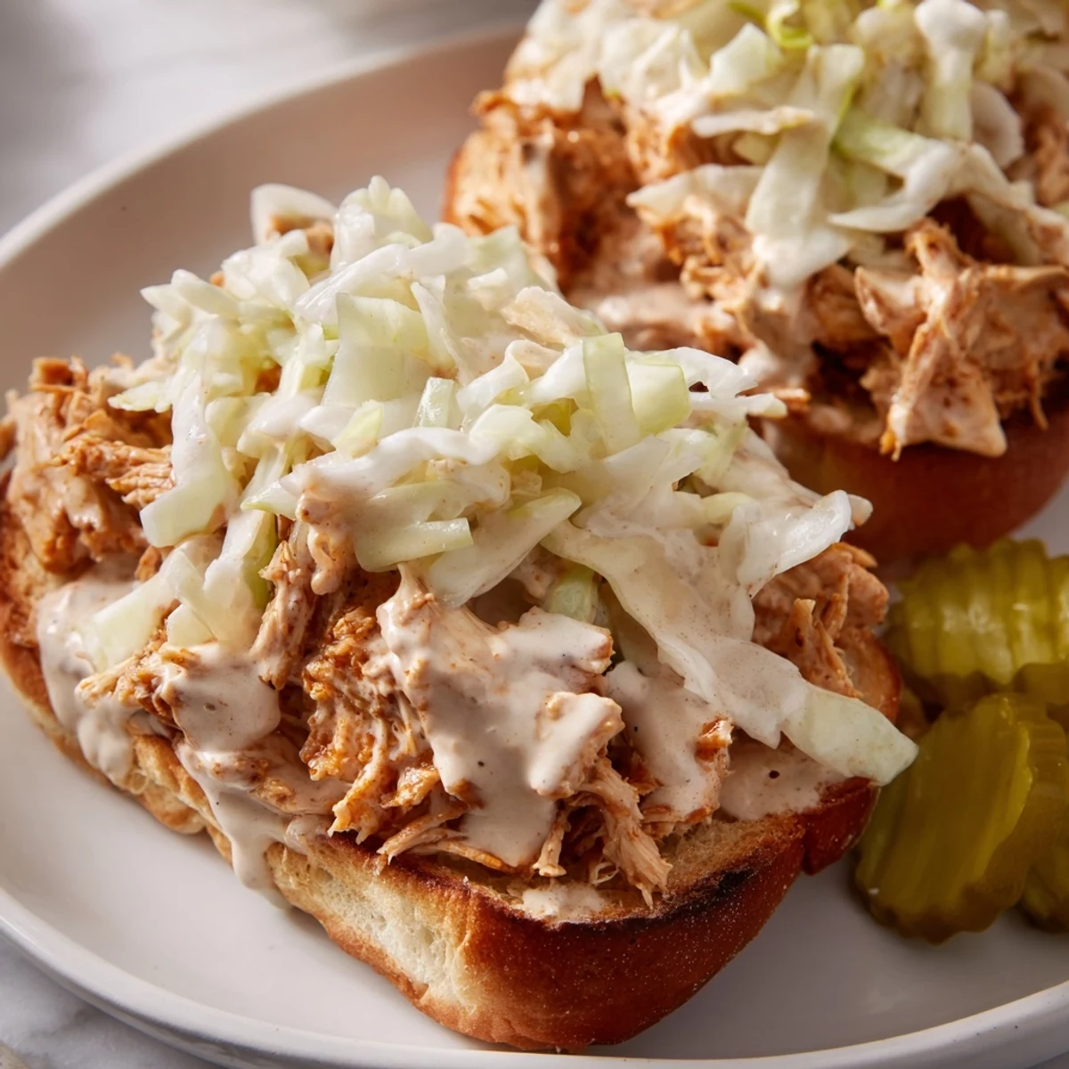Golden brown Alabama BBQ chicken sandwich topped with crisp white slaw and creamy white sauce on a toasted bun