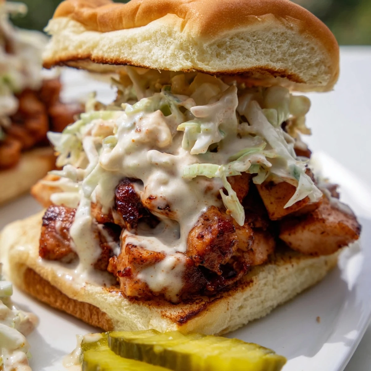 Hearty Alabama BBQ chicken sandwich featuring juicy chopped meat in white barbecue sauce topped with fresh cabbage slaw