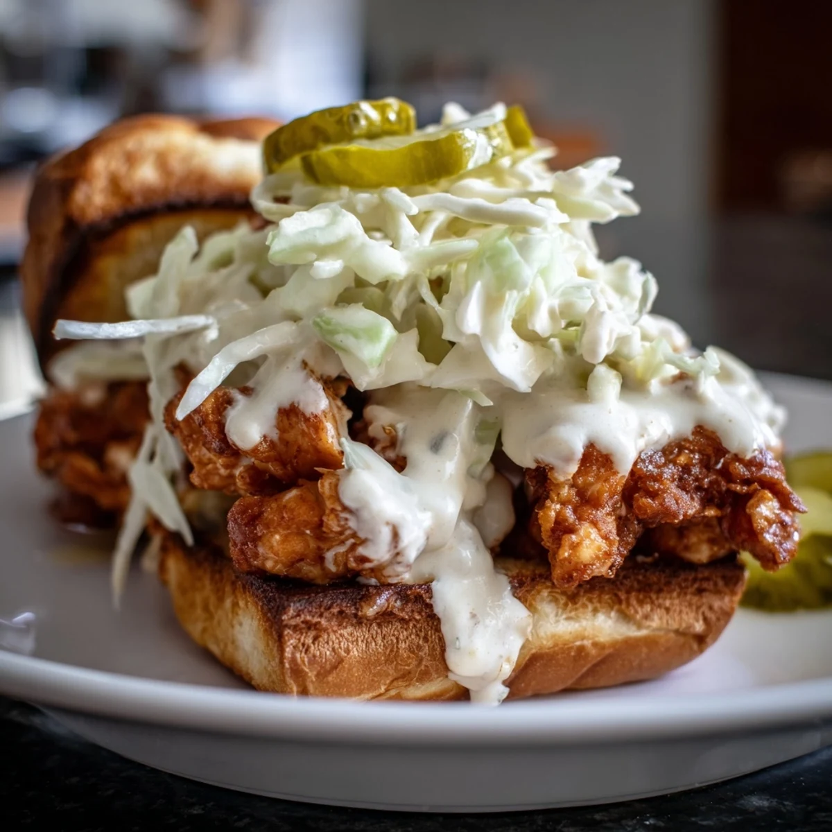 Tender smoked Alabama BBQ chicken chopped sandwich piled high with tangy white sauce and crunchy coleslaw on golden bread