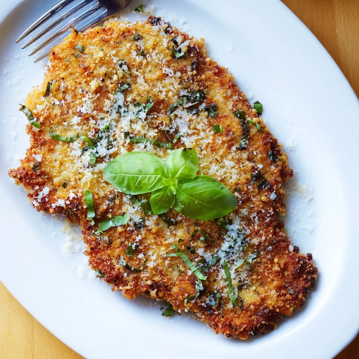 Golden crispy Parmesan basil chicken cutlets served on a white plate with fresh basil garnish