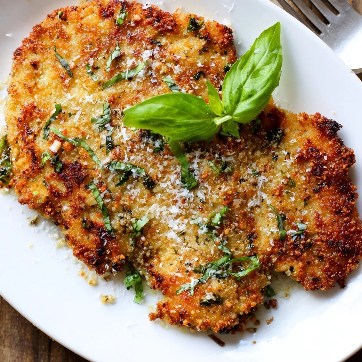 Pan-fried chicken cutlets with crunchy Parmesan basil coating arranged beautifully on a rustic wooden cutting board