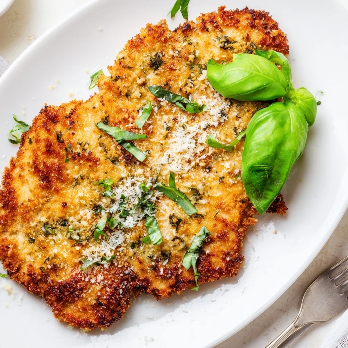 Italian-American chicken cutlets featuring golden breadcrumb crust topped with grated Parmesan and fresh green basil leaves