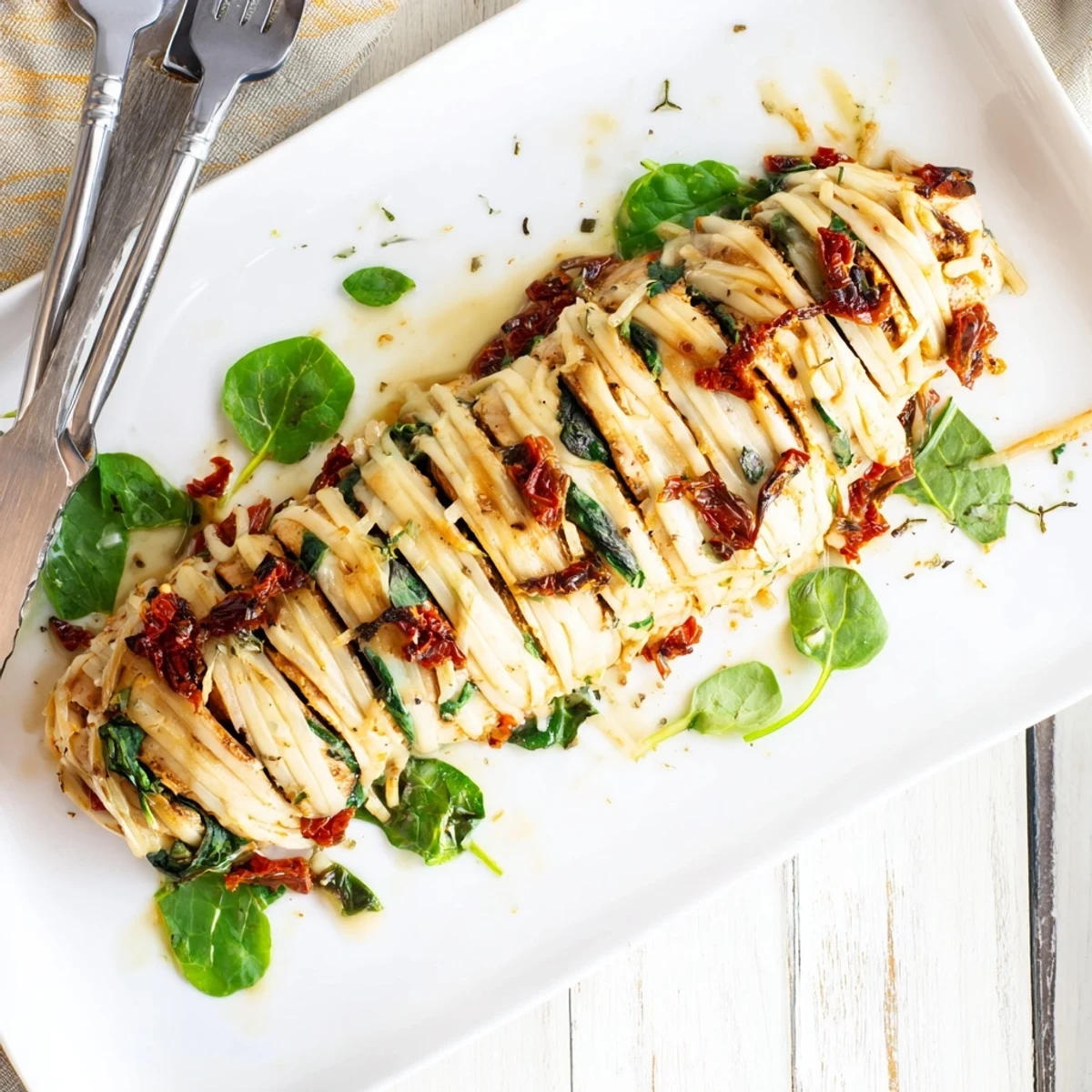 Baked Hasselback chicken with savory Italian seasonings, cheese-filled slices, and bubbling tomato garnish