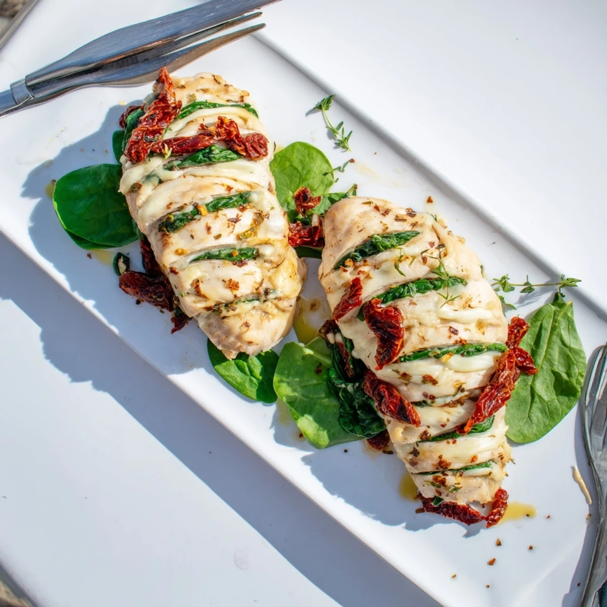 Golden brown Hasselback chicken breast stuffed with melted mozzarella, spinach, and sun-dried tomatoes