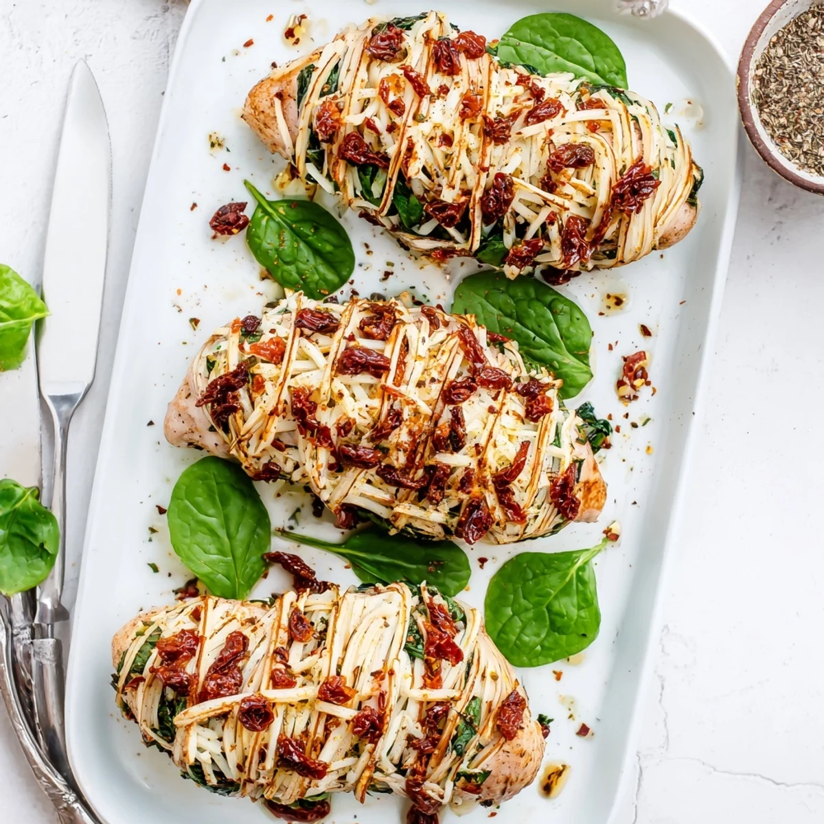 Tender stuffed Hasselback chicken arranged on baking dish with golden cheese and spinach filling
