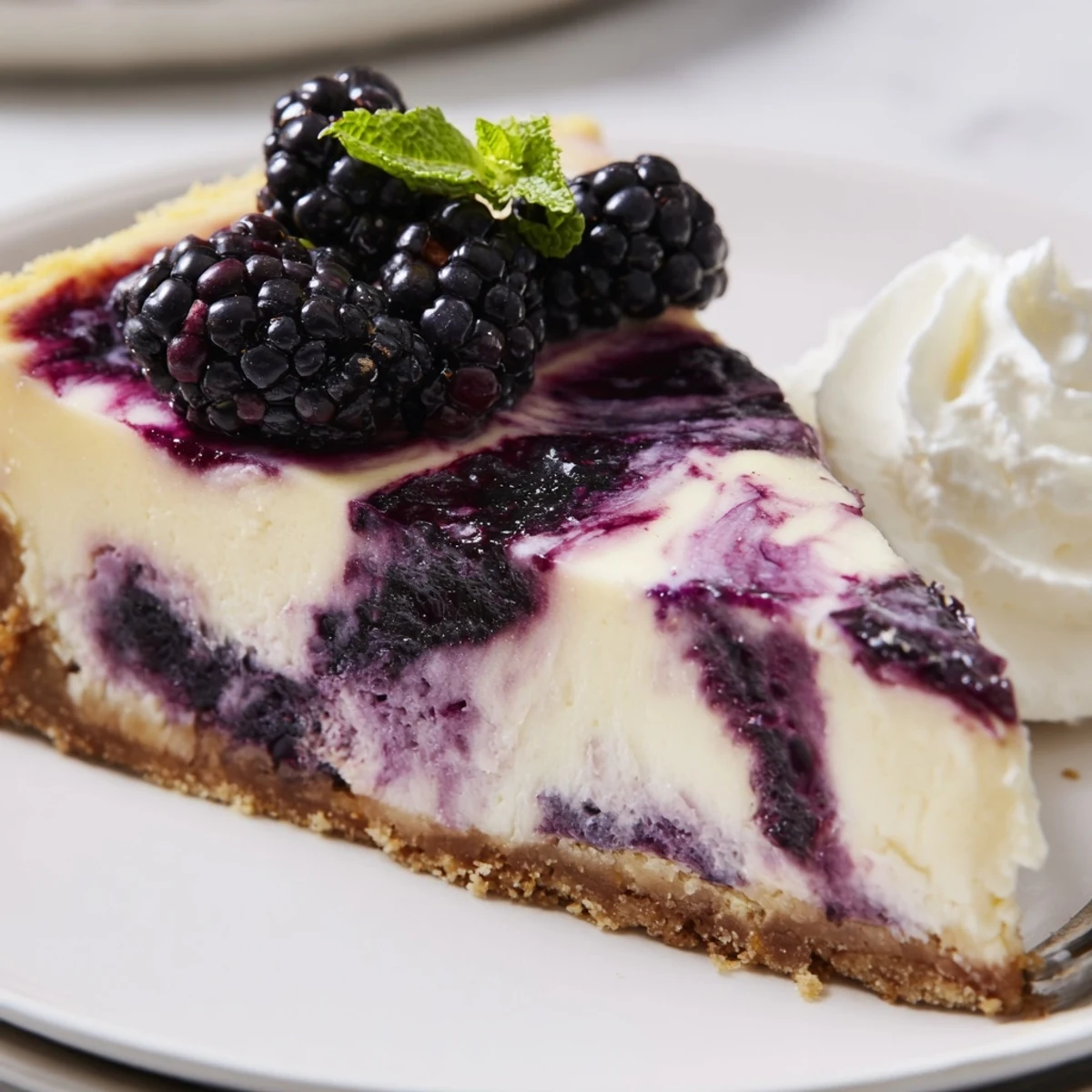 Velvety cheesecake swirled with tangy blackberry compote on golden graham cracker crust