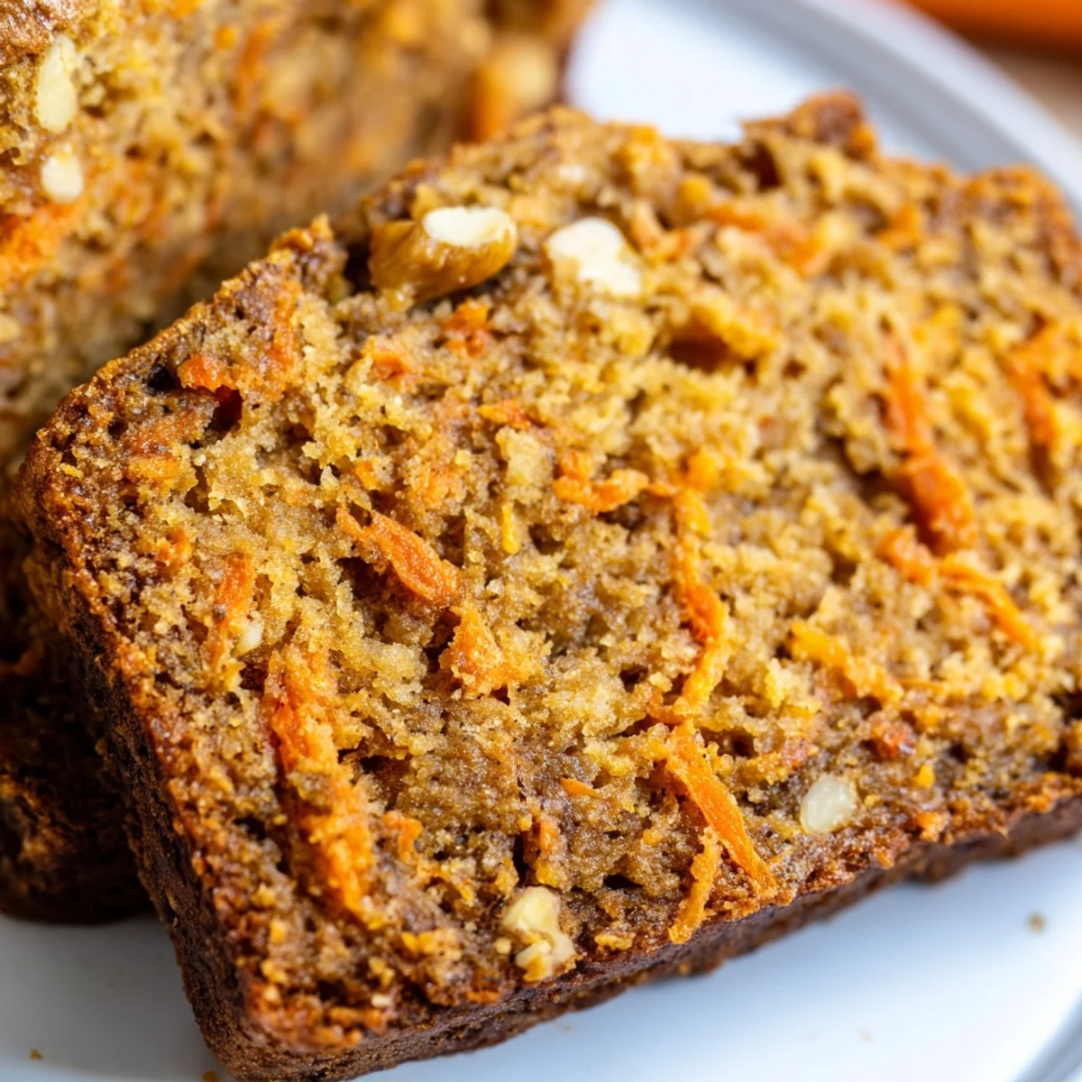 Golden brown carrot cake banana bread loaf topped with chopped walnuts on a wooden cutting board