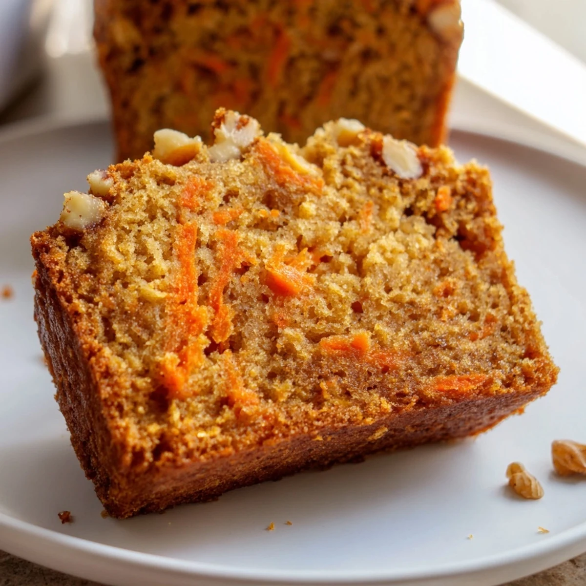 Moist spiced carrot cake banana bread slice revealing fluffy texture with grated carrot specks throughout