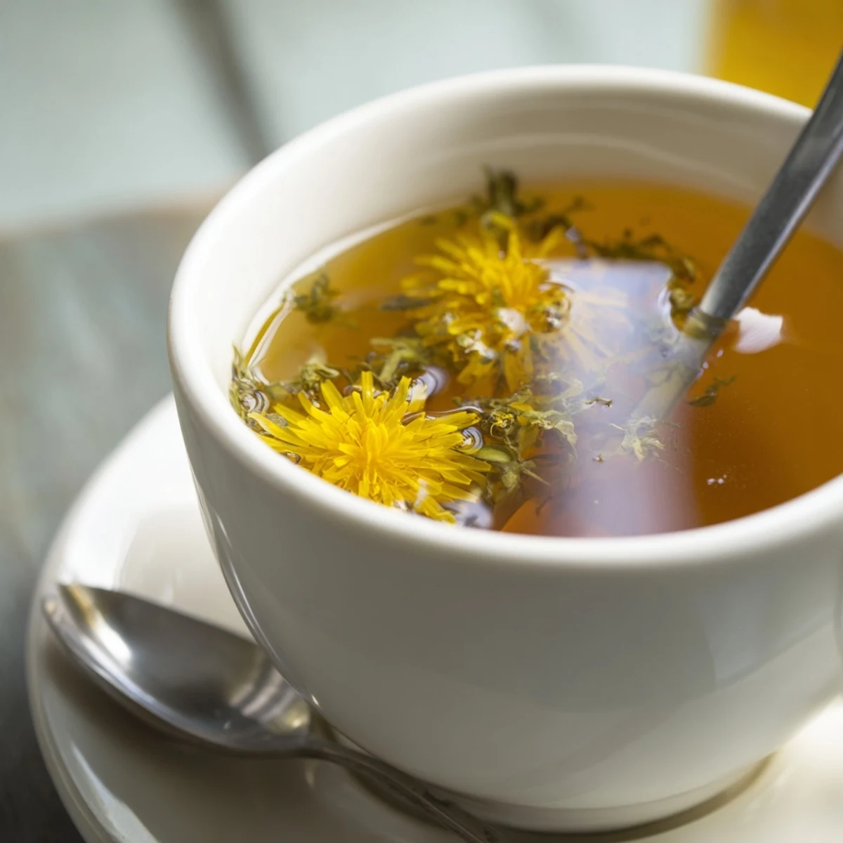 Light earthy dandelion tea served in rustic teacup with dried flowers and spoon on cozy kitchen counter