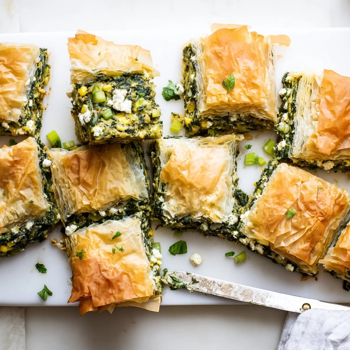 Golden crispy authentic Greek spanakopita featuring flaky phyllo layers with savory spinach feta filling