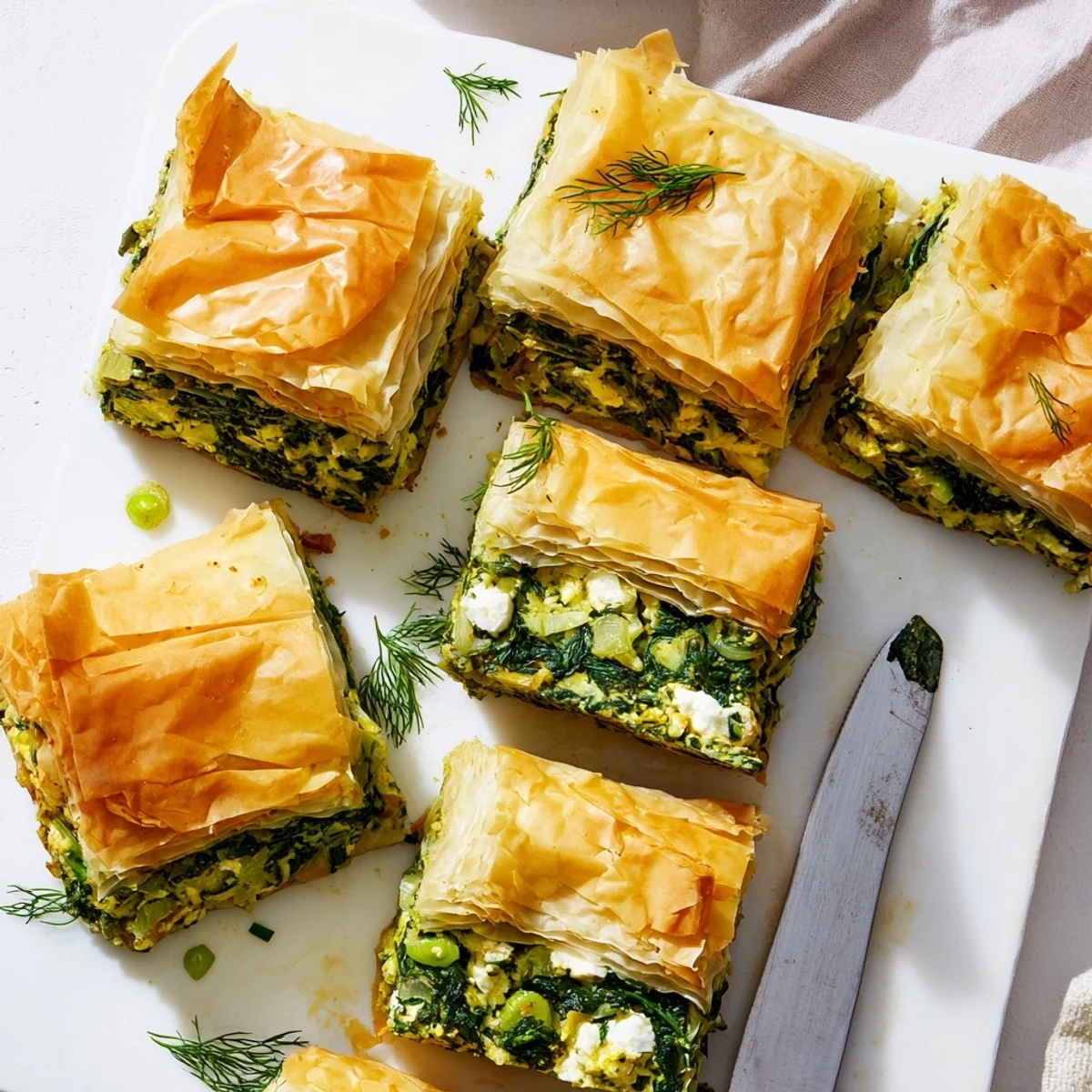 Baked authentic Greek spanakopita pie with buttery phyllo pastry overflowing with creamy spinach and herbs