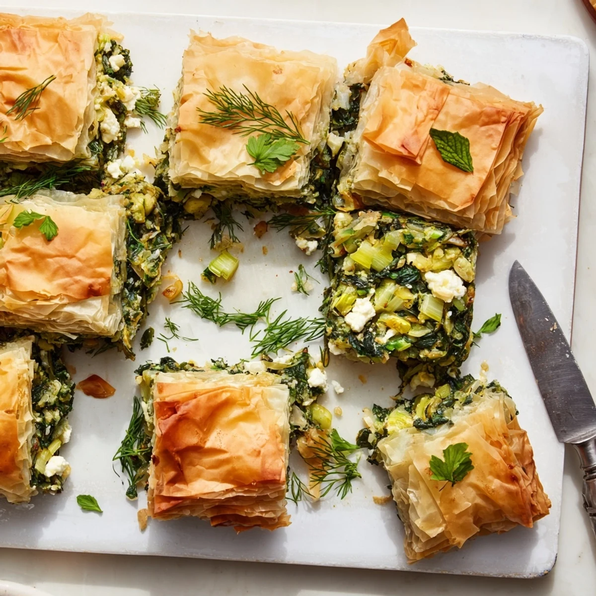 Sliced authentic Greek spanakopita displaying golden layers and fragrant spinach feta cheese mixture inside