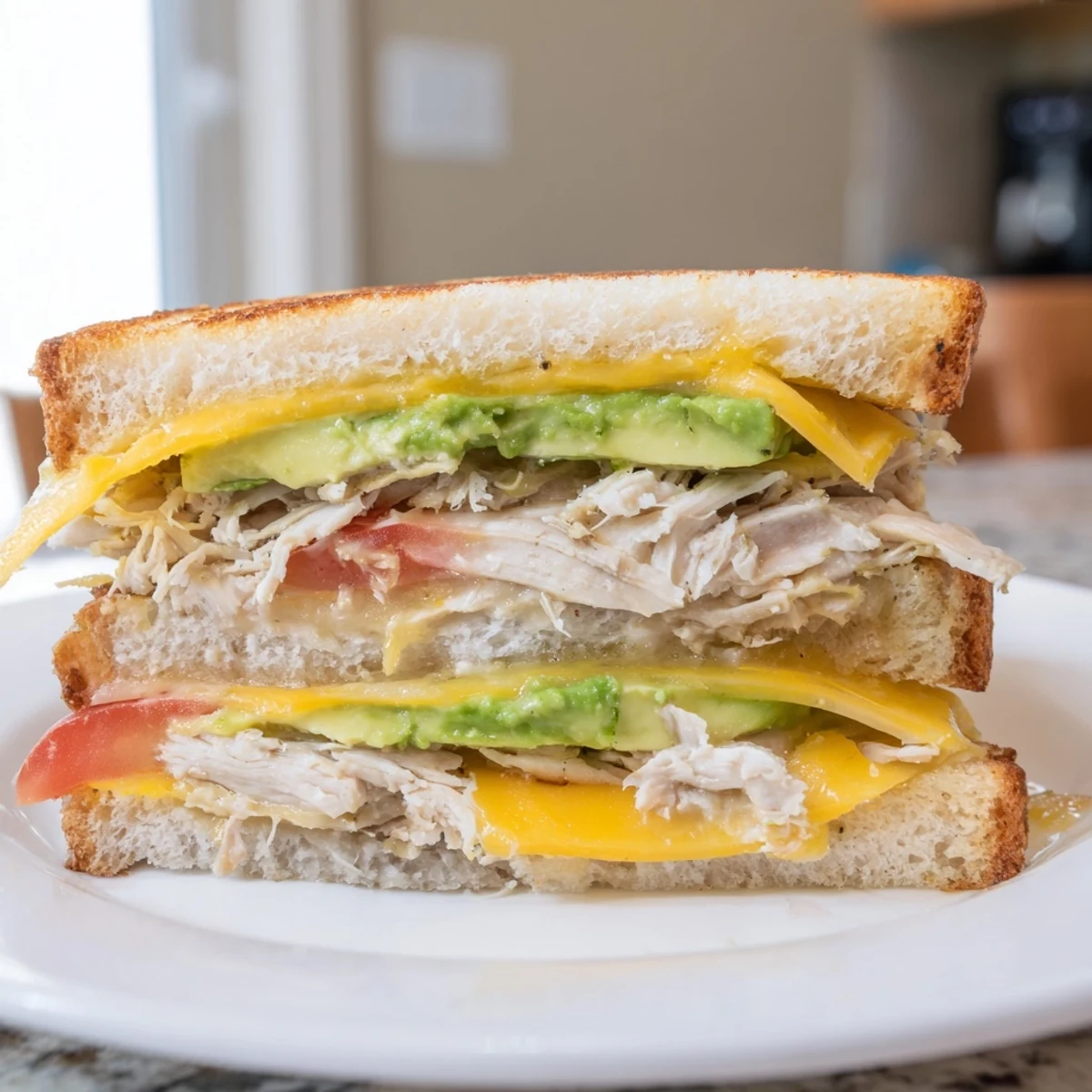 Golden chicken avocado melt sandwich featuring melted cheddar on toasted sourdough bread