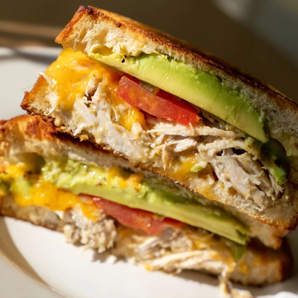 Sliced chicken avocado melt sandwich with ripe avocado and gooey melted cheese