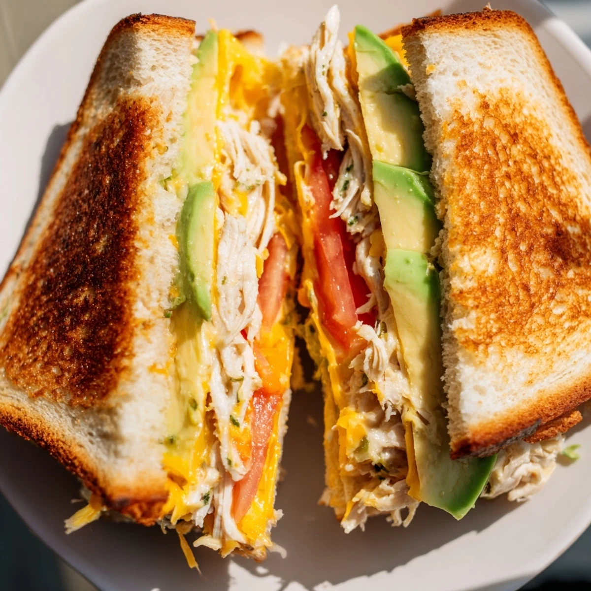 Warm chicken avocado melt sandwich cut diagonally showing tender chicken and melted cheese layers