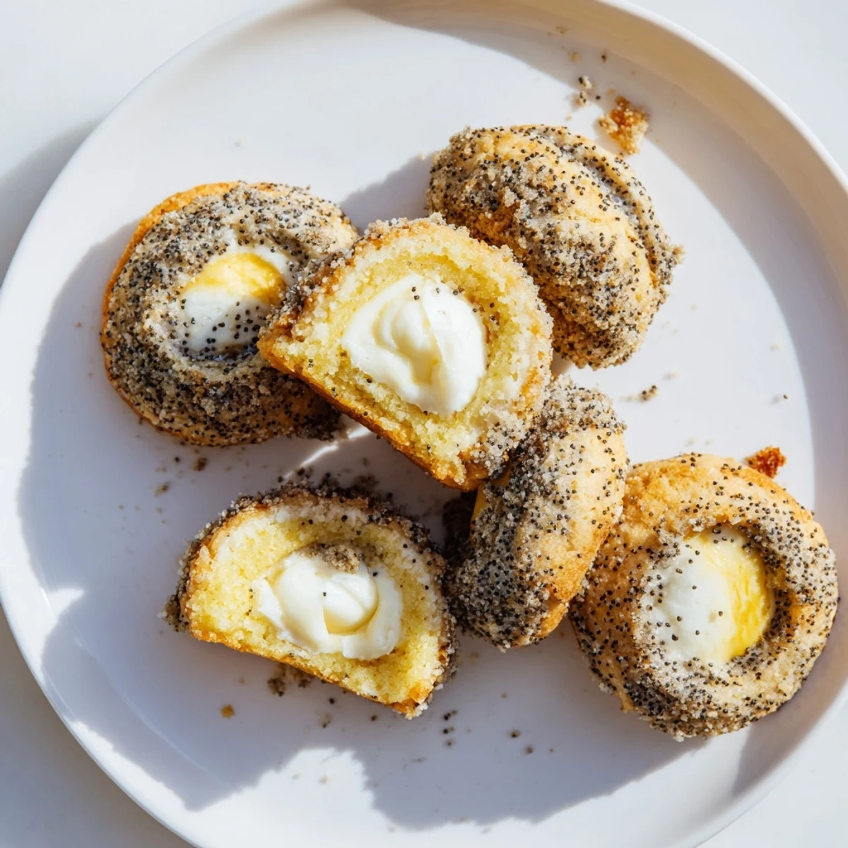 Soft lemon poppy seed cheesecake cookies with creamy center and golden edges on white plate