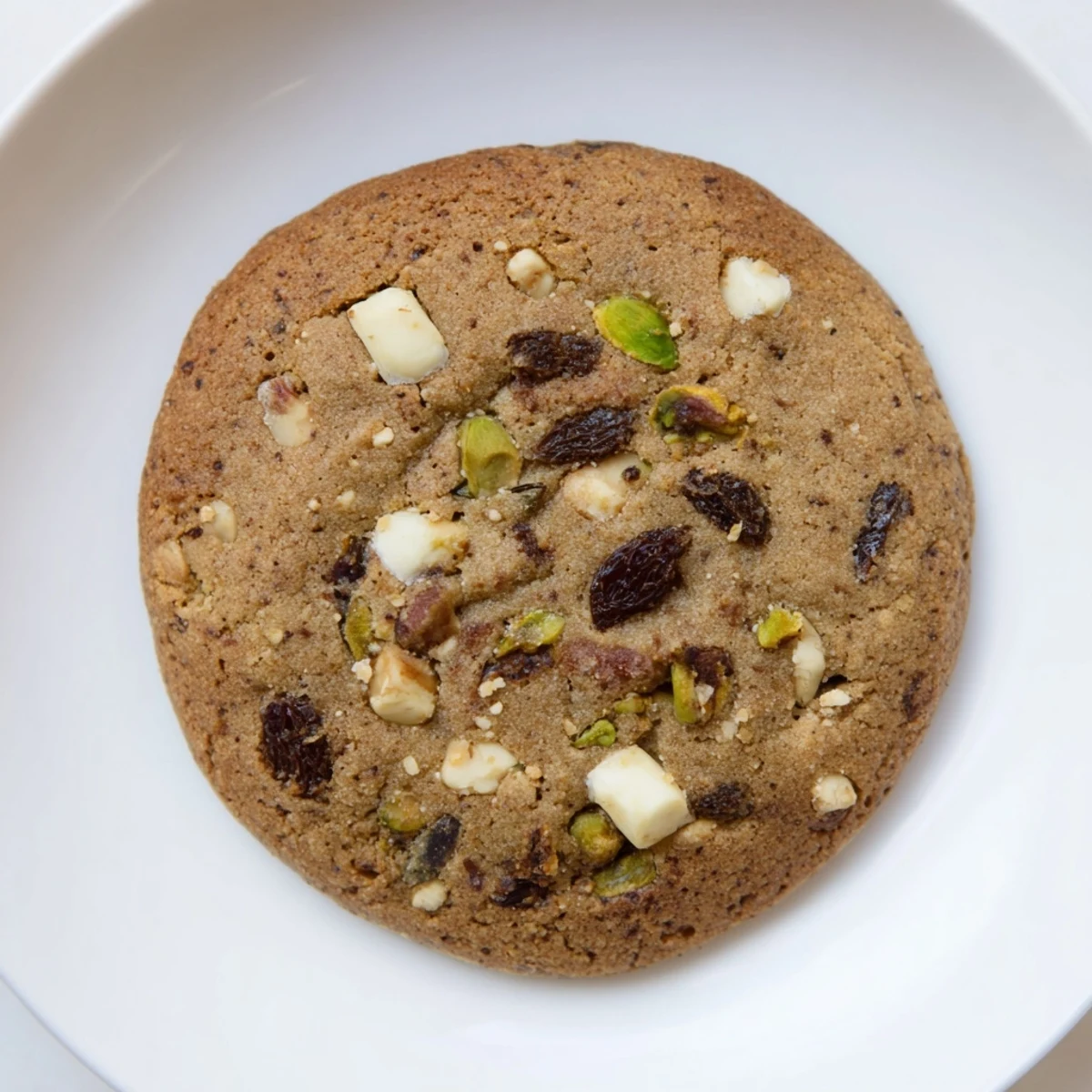 Golden Dubai chewy cookie studded with chopped dates and green pistachios on a white plate