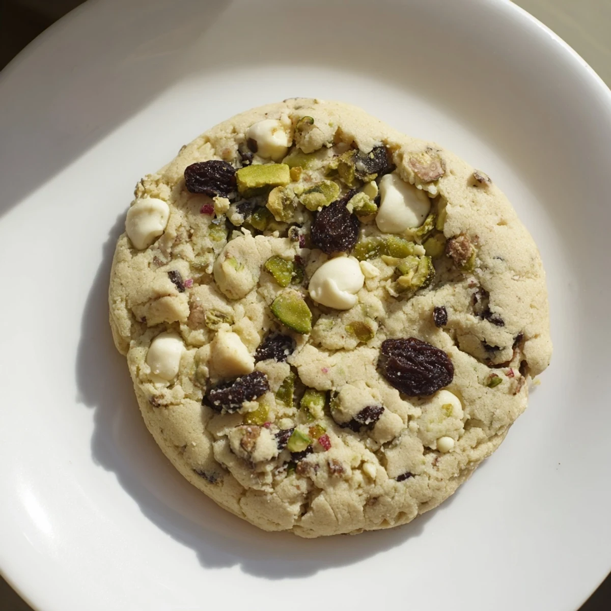 Freshly baked Dubai chewy cookie with soft center and crunchy pistachio pieces on cooling rack