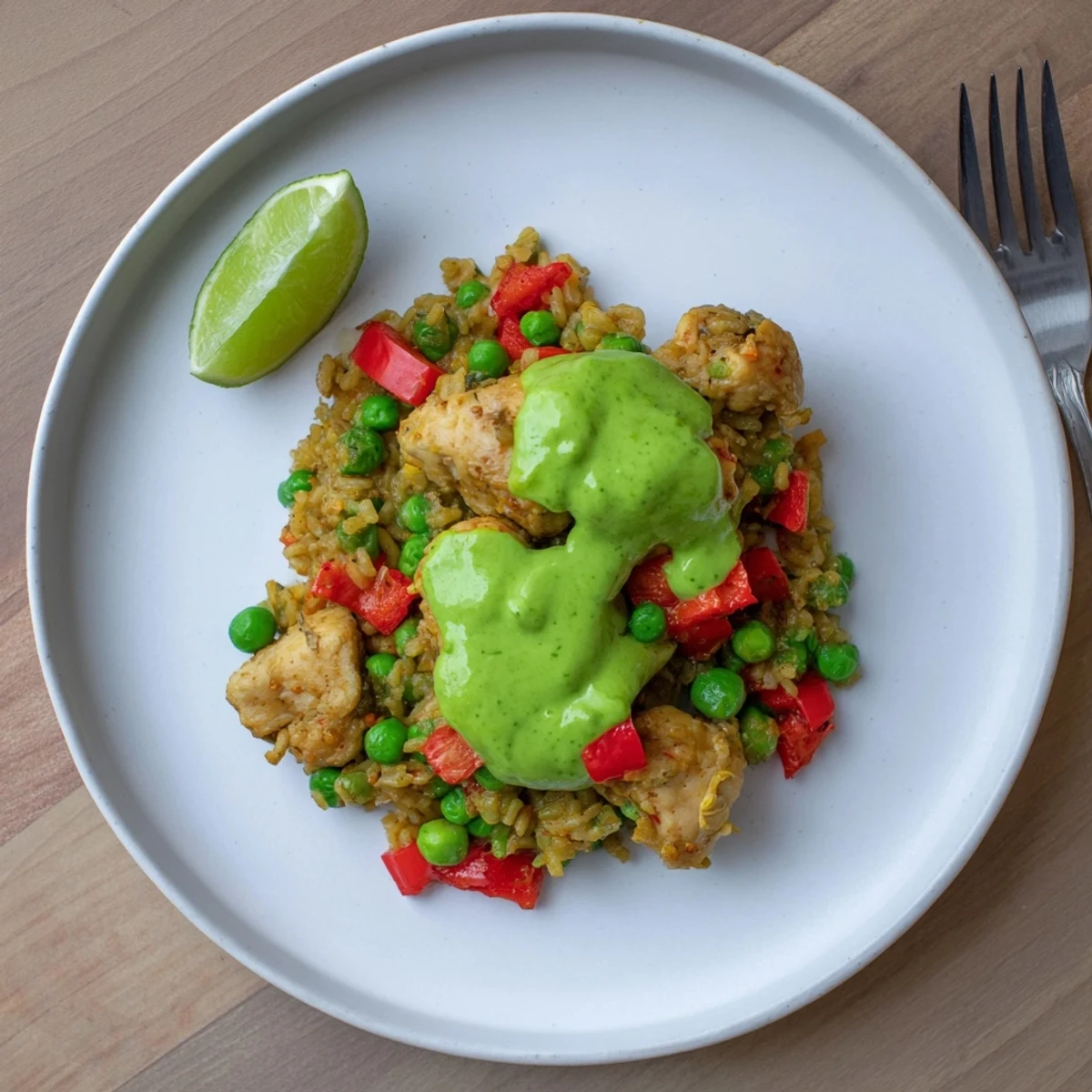 Juicy chicken thighs nestled in aromatic Peruvian rice with creamy herbaceous green sauce and colorful vegetables