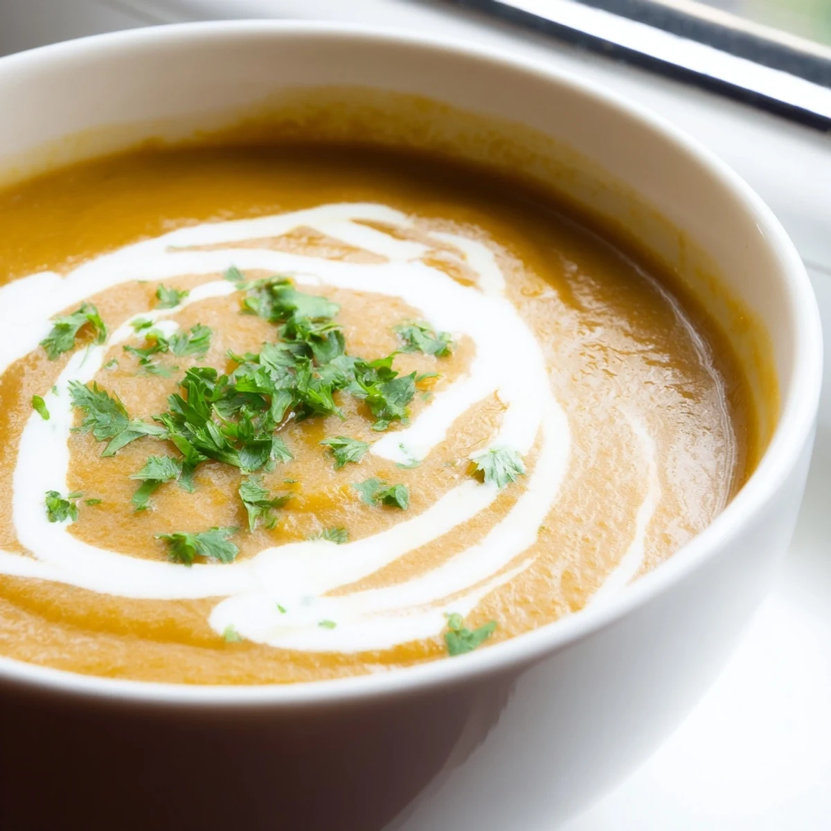 Creamy spicy apple soup recipe garnished with coconut cream and fresh herbs in white bowl
