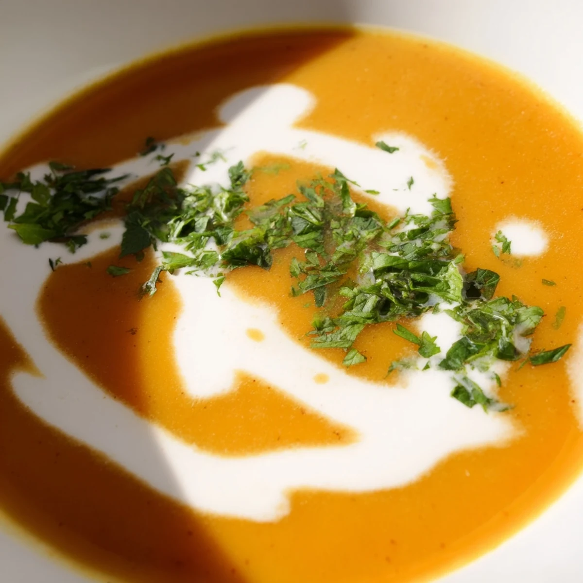 Steaming hot spicy apple soup recipe with swirl of coconut milk and chopped coriander topping